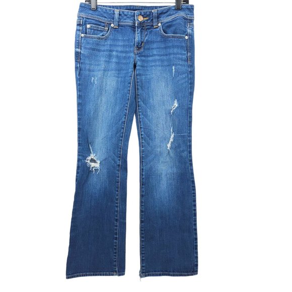 American Eagle Jeans Slim Boot Distressed Women Size 6 Stretch LowRise Dark Wash - Picture 1 of 12